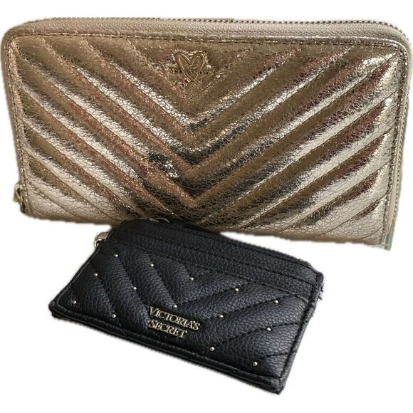 Victorias Secret Black Studded Card Case & Slim Zip Wallet Gold Silver Wristlet - Picture 2 of 13